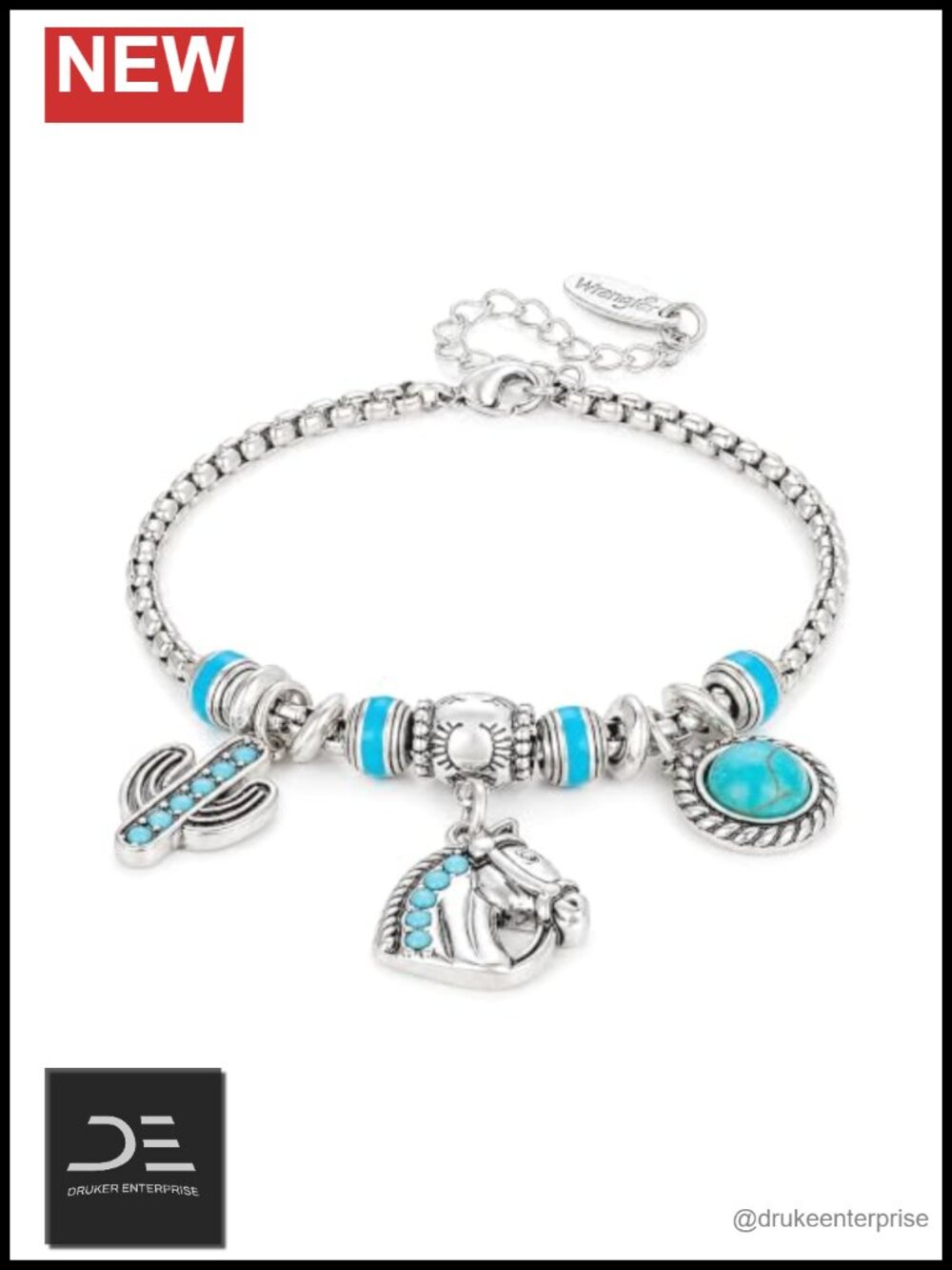 Sliding Charm Bracelet with Turquoise Western Motifs, Hypoallergenic, Gift Box